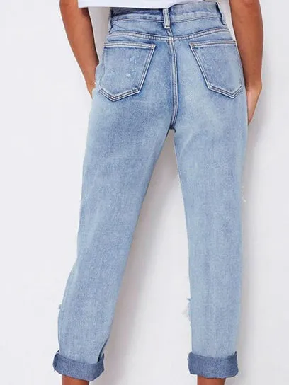 High Waist Loose Washed Denim Irregular Hole Trousers