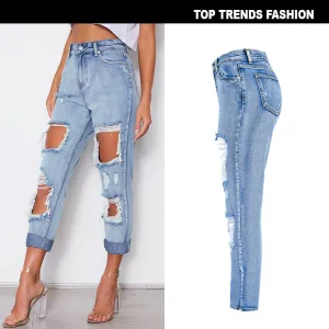 High Waist Loose Washed Denim Irregular Hole Trousers