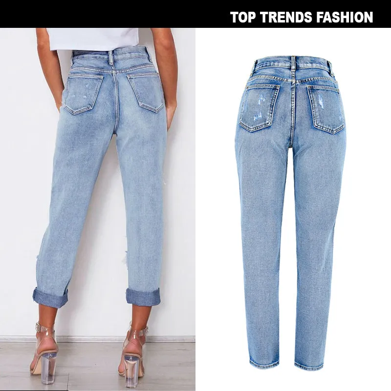 High Waist Loose Washed Denim Irregular Hole Trousers