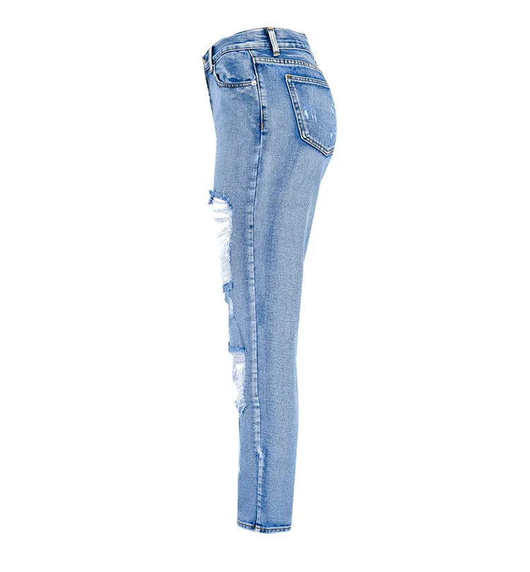 High Waist Loose Washed Denim Irregular Hole Trousers