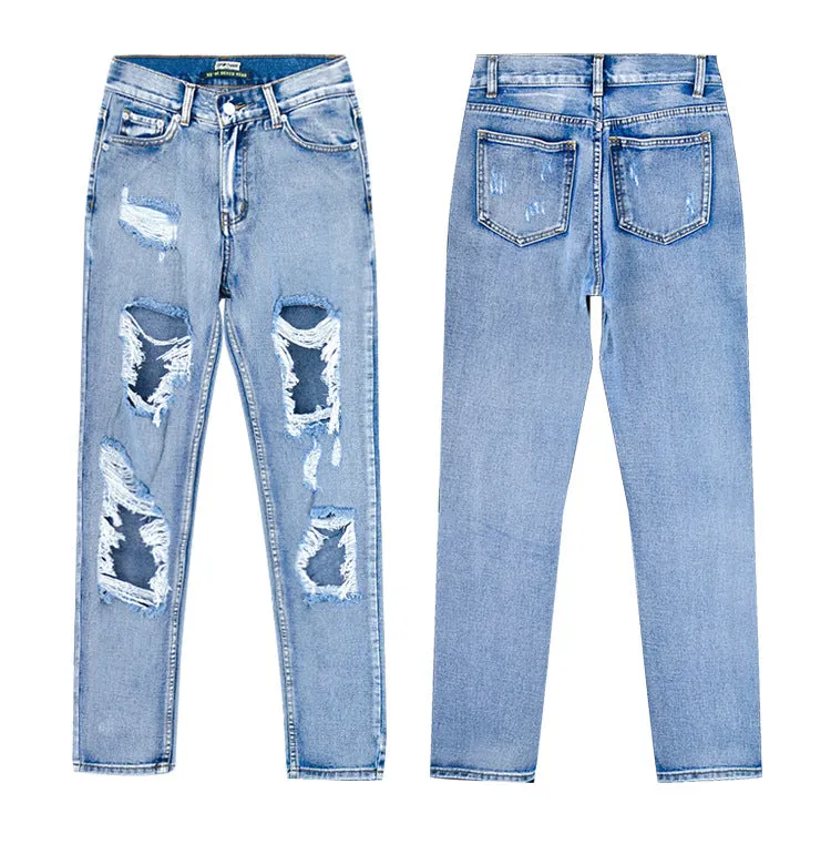 High Waist Loose Washed Denim Irregular Hole Trousers