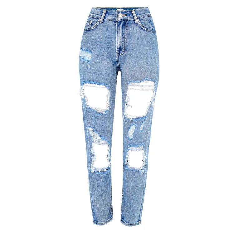 High Waist Loose Washed Denim Irregular Hole Trousers