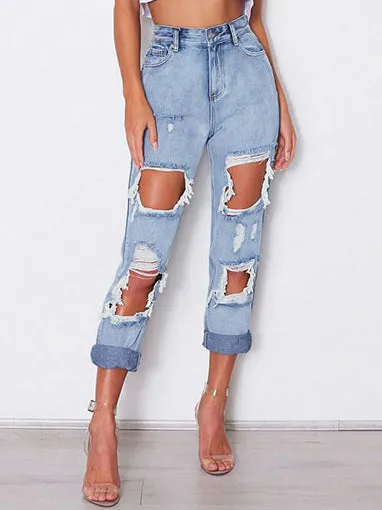 High Waist Loose Washed Denim Irregular Hole Trousers