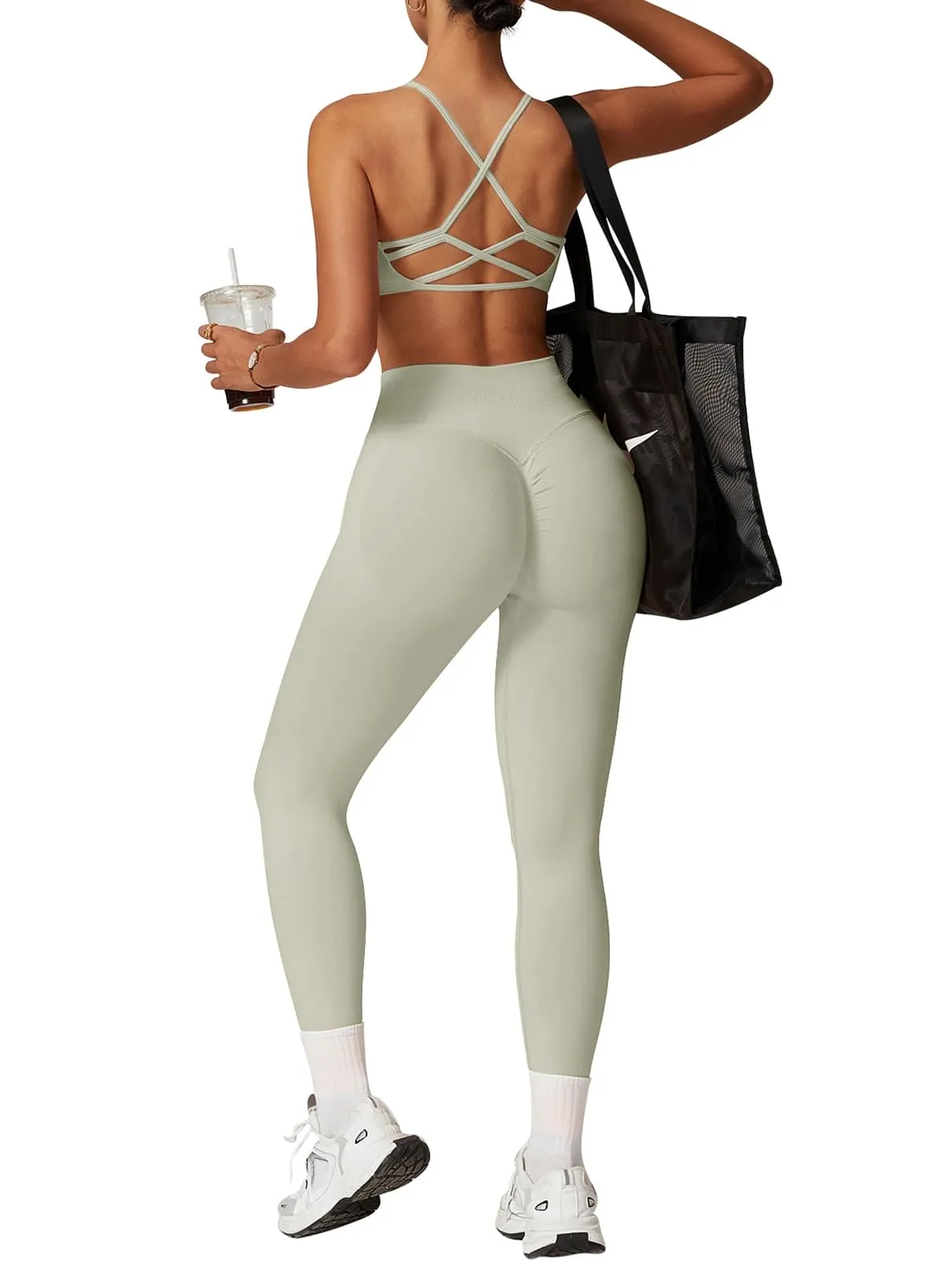 Impact Leggings for Women Seamless Workout Yoga Pants Hidden Scrunch Butt Tummy Control Gym Leggings Mid Low Waist 25" Feather Beige