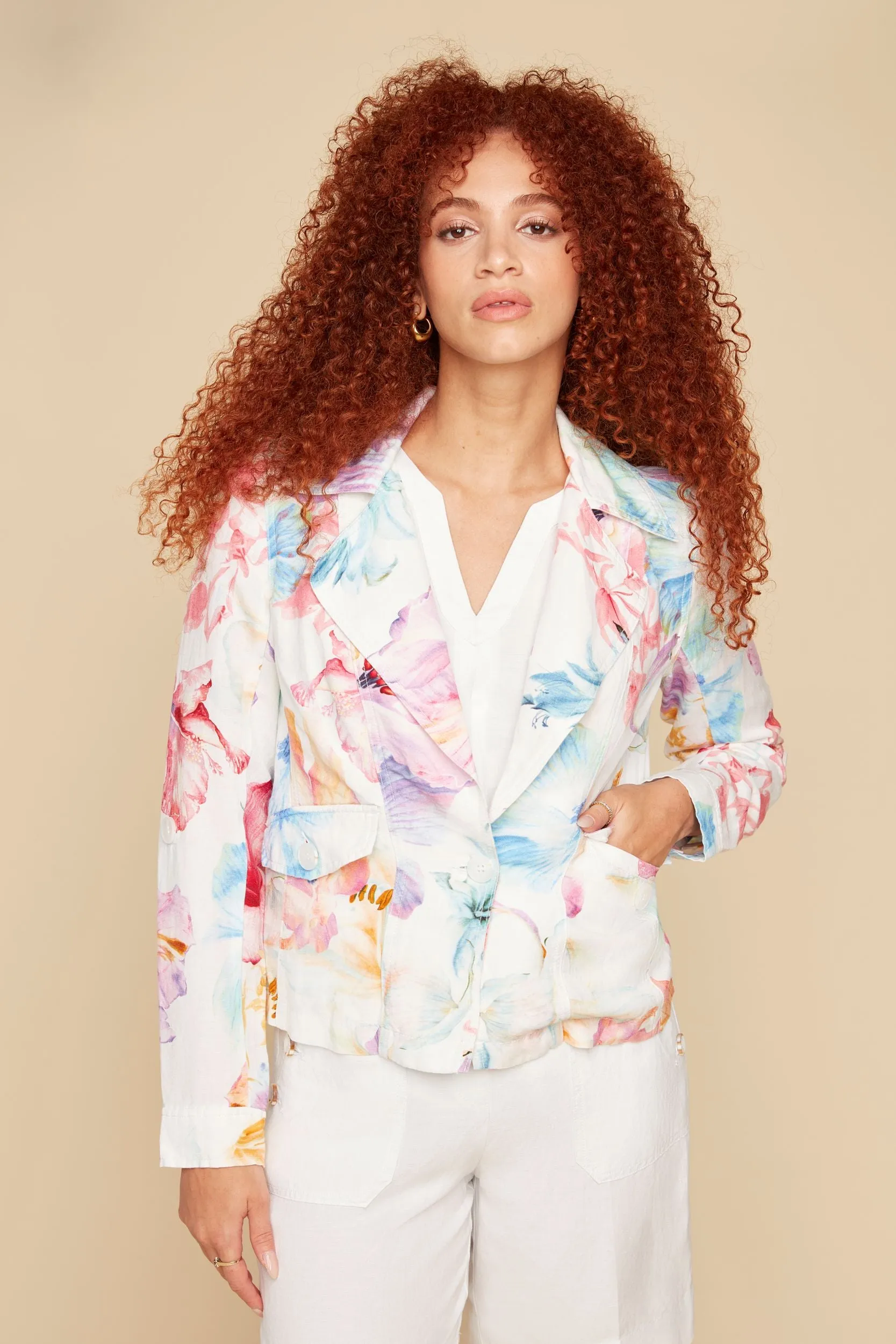 Island Floral Linen Tab Sleeve Blazer