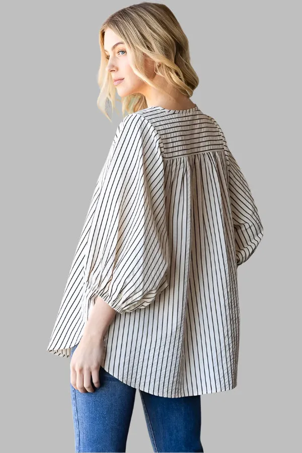 JANIE THREE QUATER SLEEVE V NECK STRIPE WOVEN TOP - IVORY