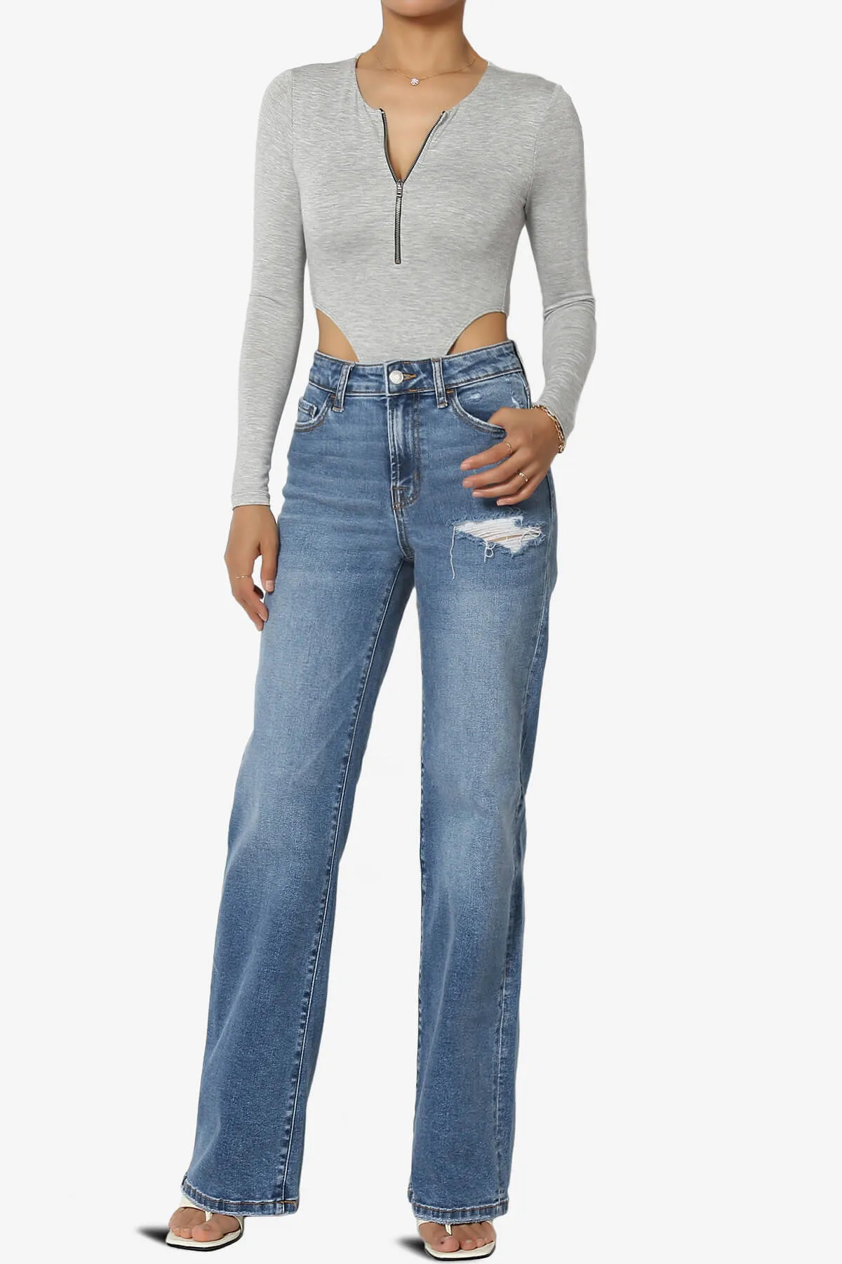 Jones Long Sleeve Zip Front High Cut Bodysuit