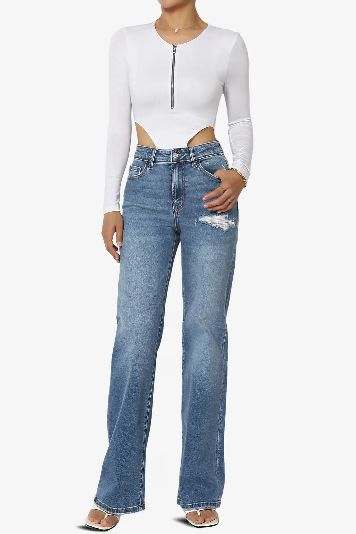 Jones Long Sleeve Zip Front High Cut Bodysuit