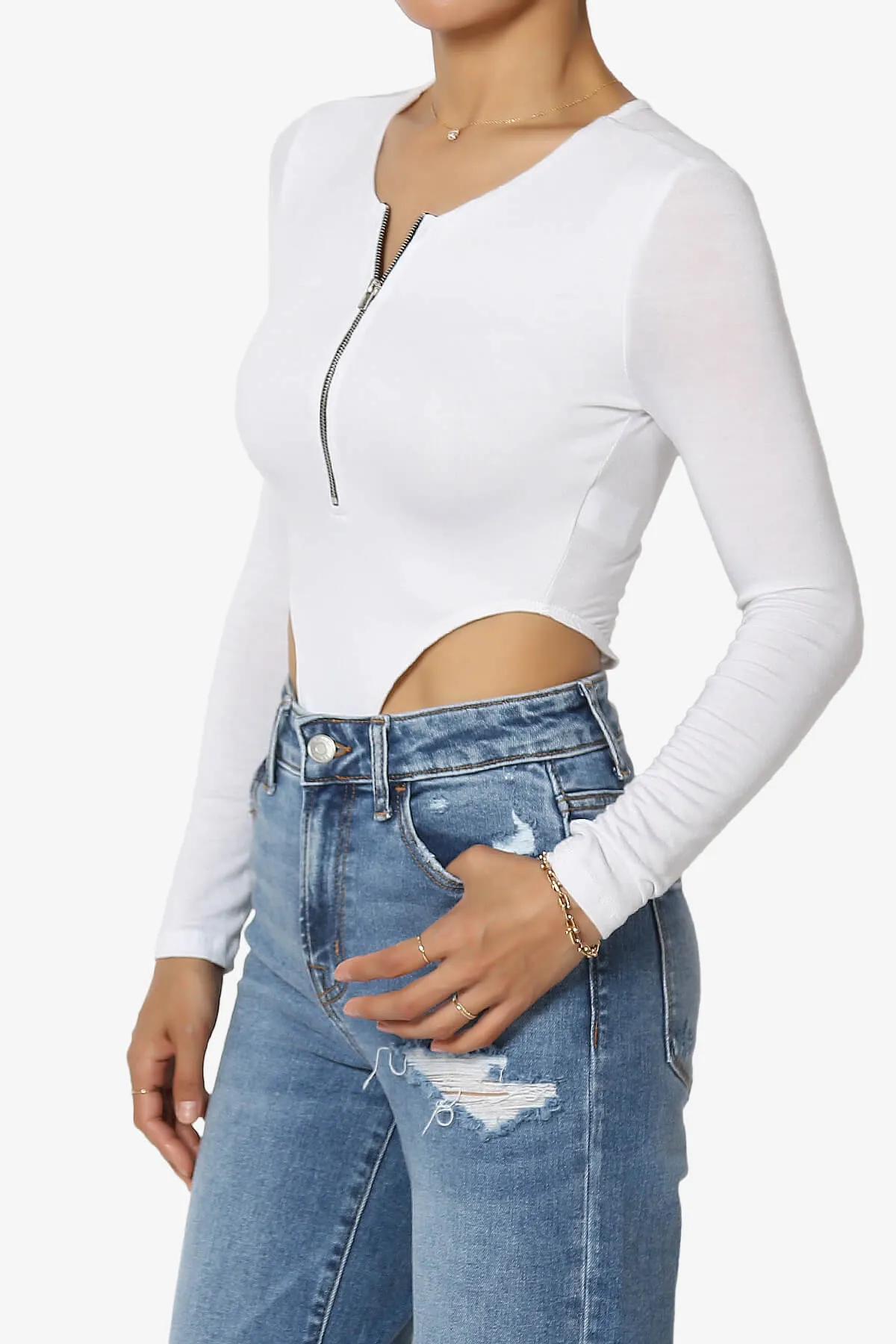 Jones Long Sleeve Zip Front High Cut Bodysuit