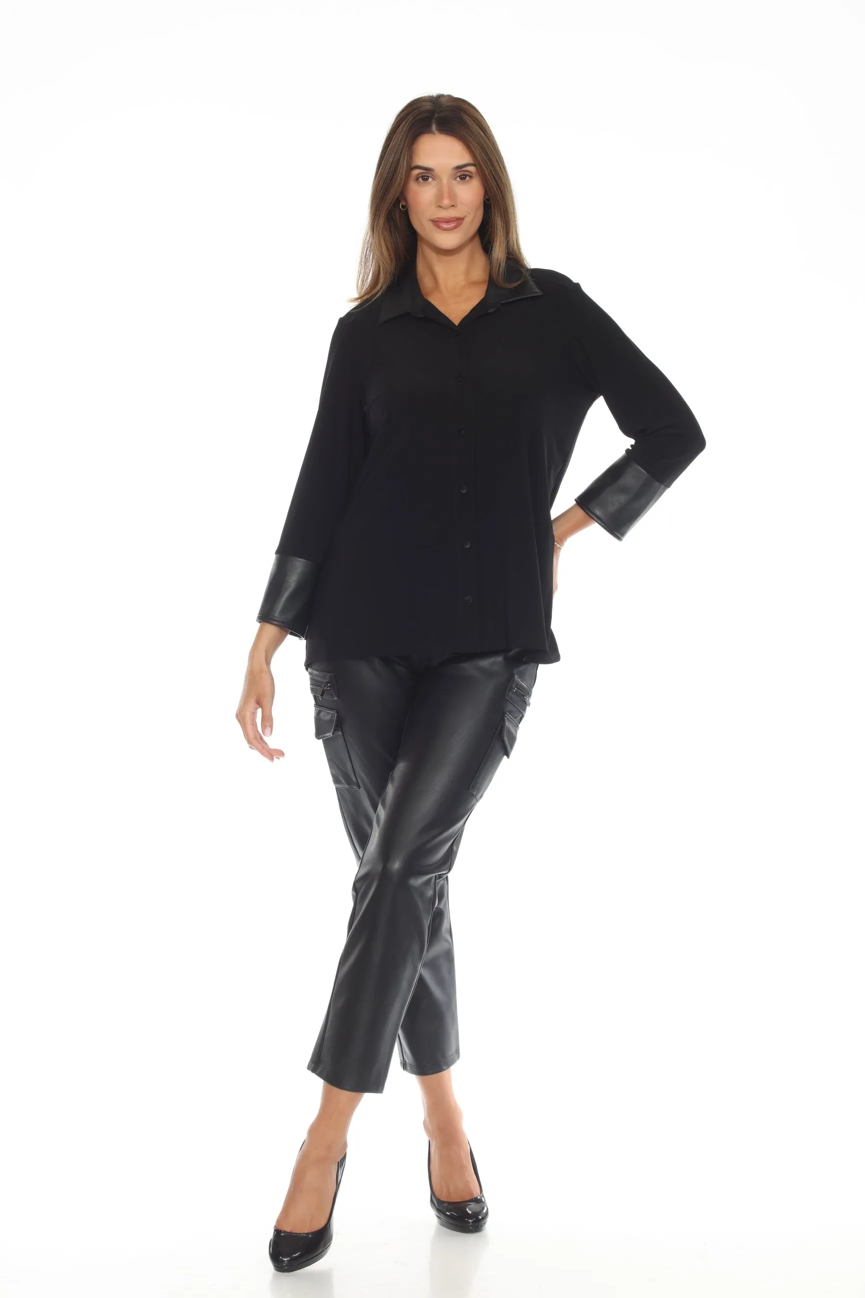 Joseph Ribkoff Black Pull-On Faux Leather Cargo Pants 244939