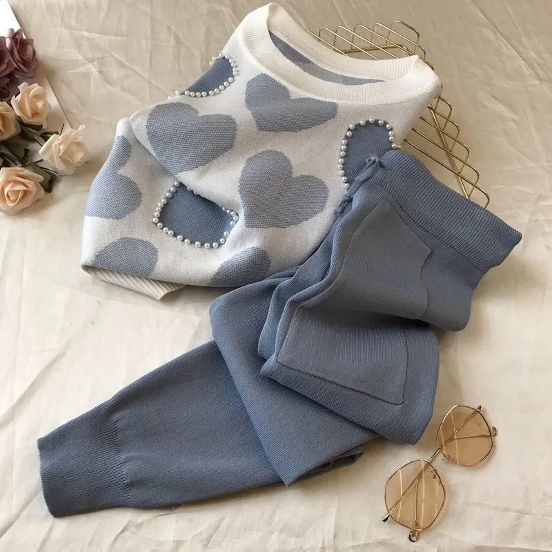 Korean summer Love printed knitted 2 Peice Set Women short sleeve beading Sweater Female tops pants Suit pink casual Tracksuit