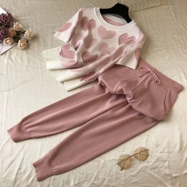 Korean summer Love printed knitted 2 Peice Set Women short sleeve beading Sweater Female tops pants Suit pink casual Tracksuit