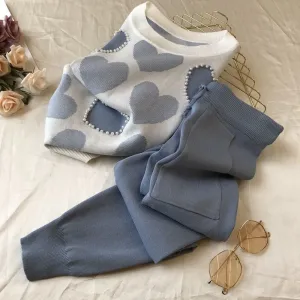 Korean summer Love printed knitted 2 Peice Set Women short sleeve beading Sweater Female tops pants Suit pink casual Tracksuit