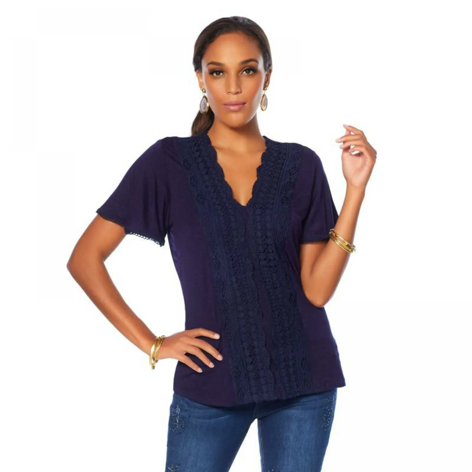 LaBellum by Hillary Scott Women's Flutter Sleeve T-Shirt Navy Large