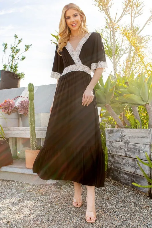 Lace Trim Detailed Tiered Midi Dress