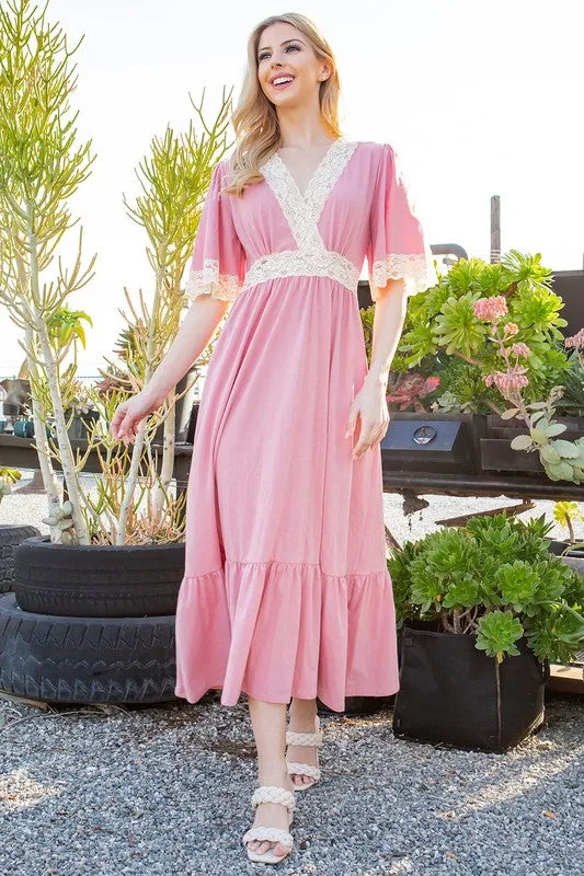 Lace Trim Detailed Tiered Midi Dress