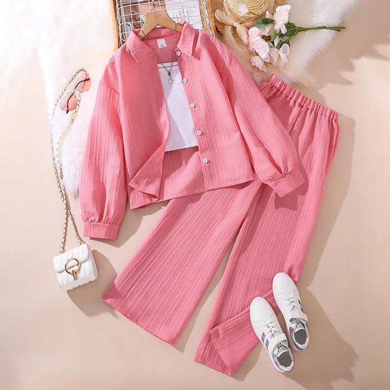 Lapel Long Sleeve Shirt Wide Leg Pants European and American Children's Suit