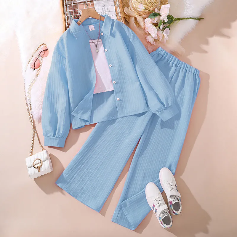Lapel Long Sleeve Shirt Wide Leg Pants European and American Children's Suit