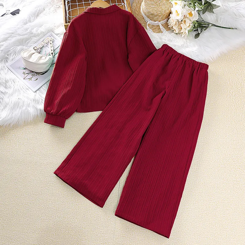 Lapel Long Sleeve Shirt Wide Leg Pants European and American Children's Suit