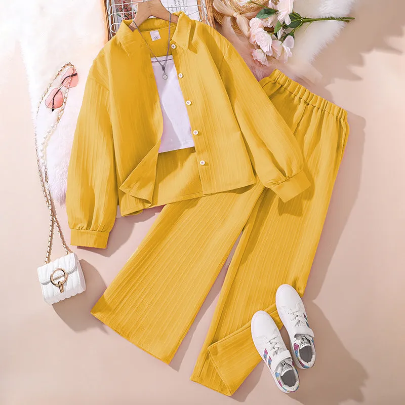 Lapel Long Sleeve Shirt Wide Leg Pants European and American Children's Suit