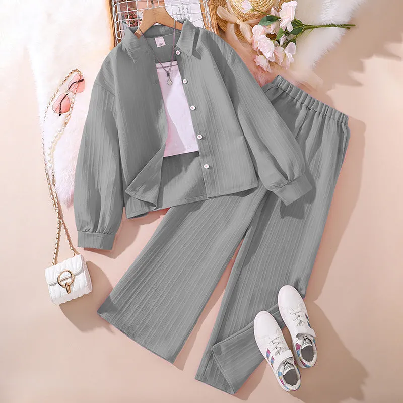 Lapel Long Sleeve Shirt Wide Leg Pants European and American Children's Suit