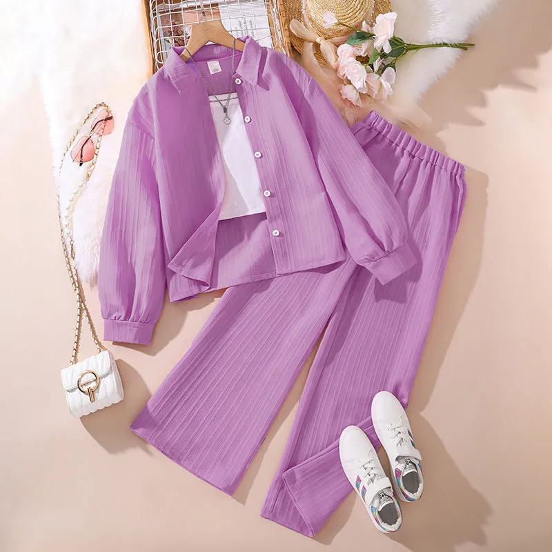 Lapel Long Sleeve Shirt Wide Leg Pants European and American Children's Suit