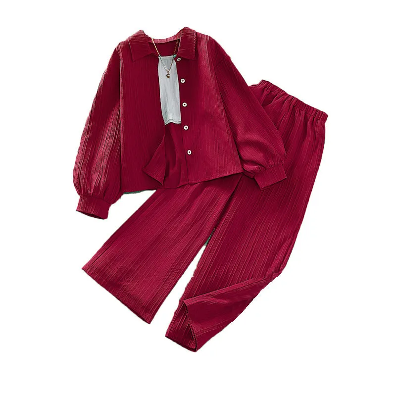 Lapel Long Sleeve Shirt Wide Leg Pants European and American Children's Suit