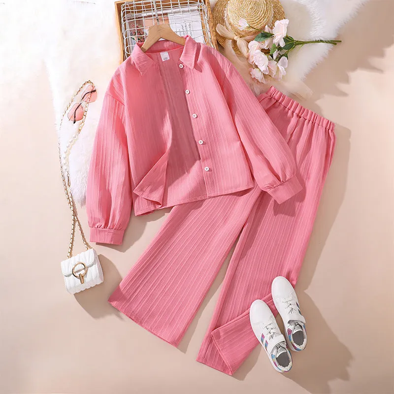 Lapel long-sleeved shirt tops trousers girls suit