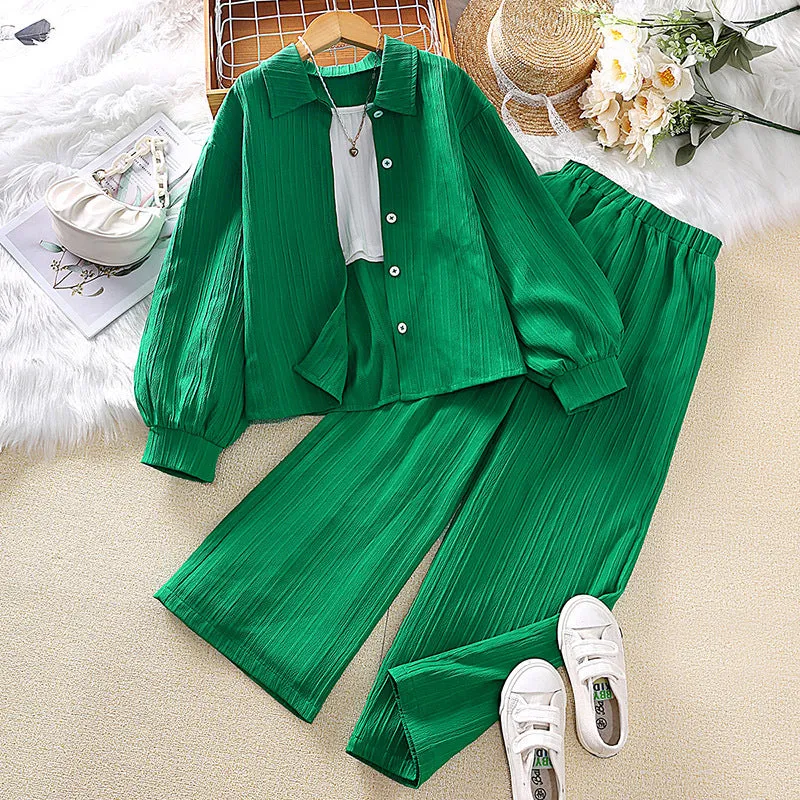 Lapel long-sleeved shirt tops trousers girls suit