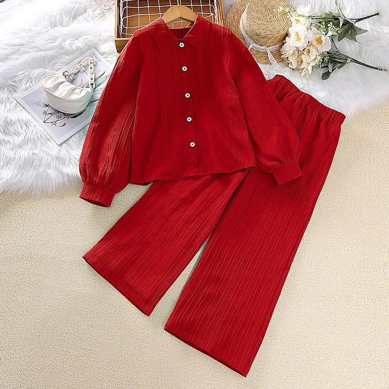 Lapel long-sleeved shirt tops trousers girls suit