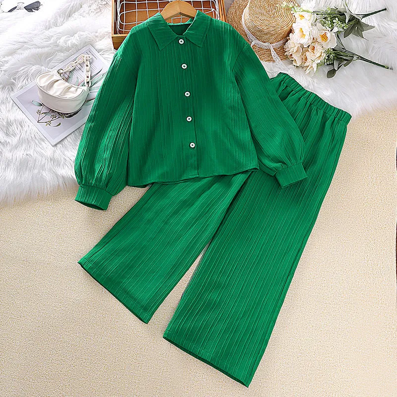 Lapel long-sleeved shirt tops trousers girls suit