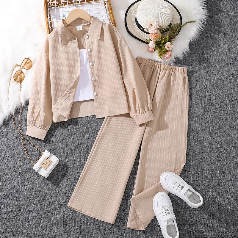 Lapel long-sleeved shirt tops trousers girls suit