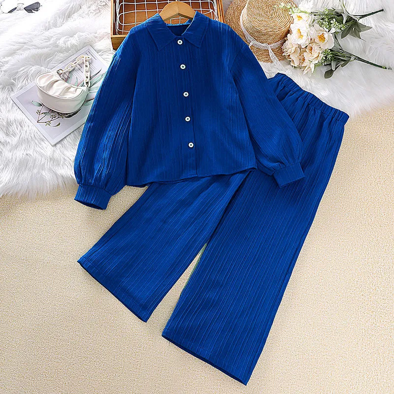 Lapel long-sleeved shirt tops trousers girls suit