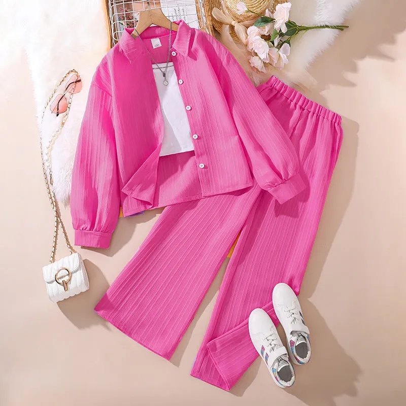 Lapel long-sleeved shirt tops trousers girls suit