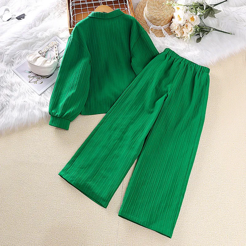 Lapel long-sleeved shirt tops trousers girls suit