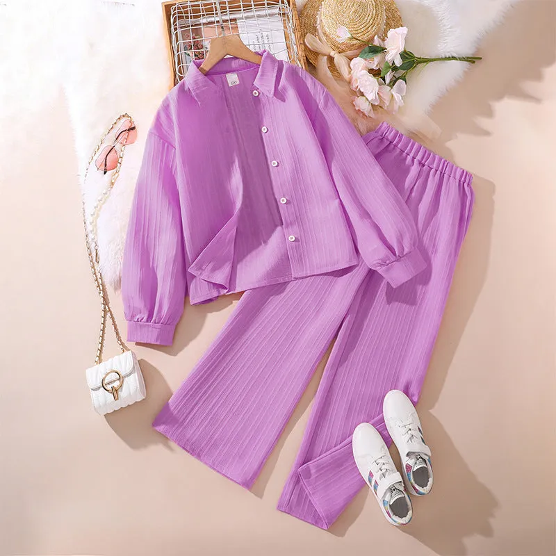 Lapel long-sleeved shirt tops trousers girls suit