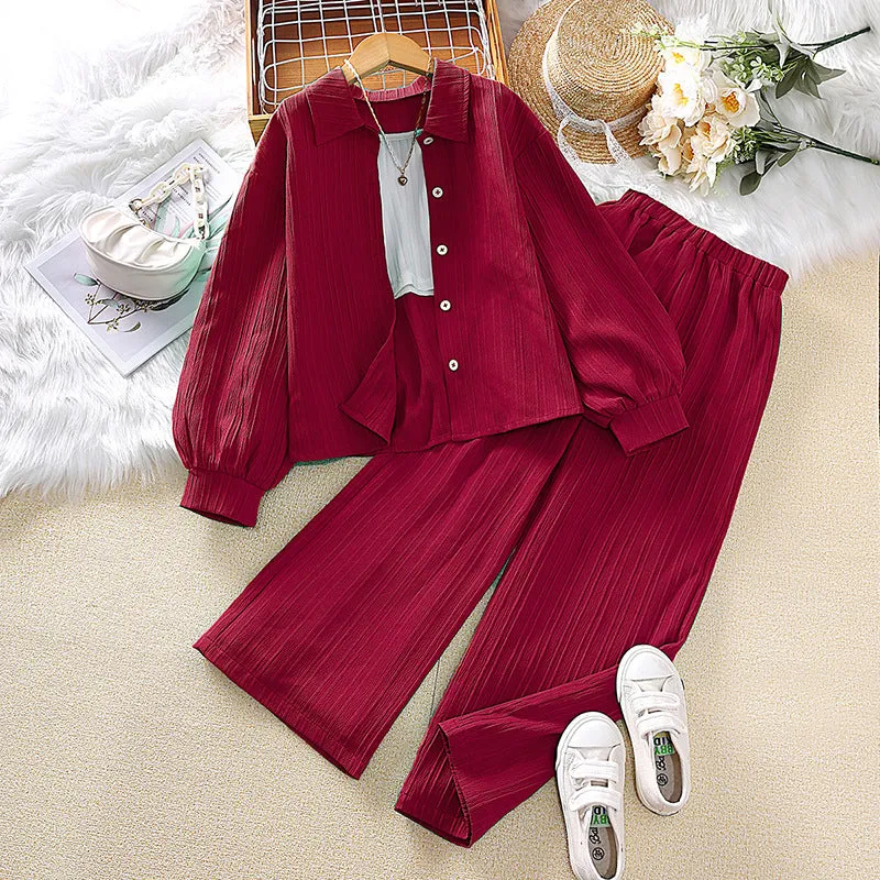 Lapel long-sleeved shirt tops trousers girls suit