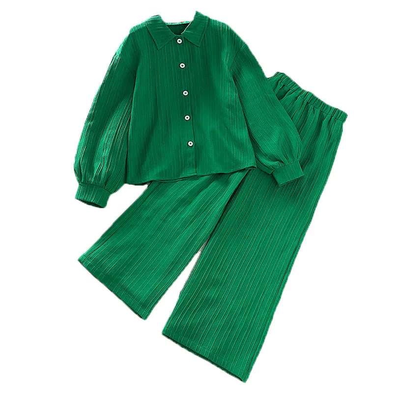 Lapel long-sleeved shirt tops trousers girls suit