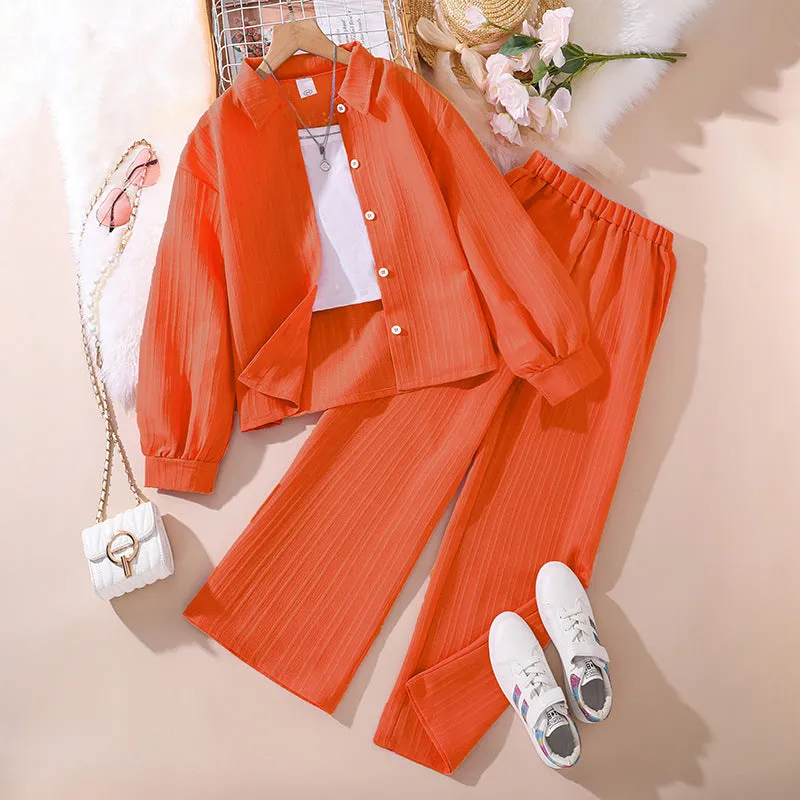 Lapel long-sleeved shirt tops trousers girls suit