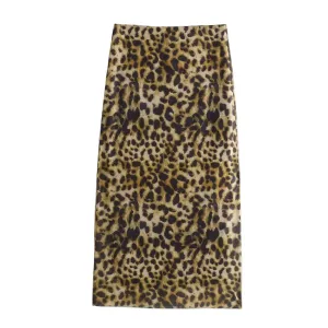 Leopard Print Midi Skirt New Fashion High Waist Elastic Waist Long Chic Skirt