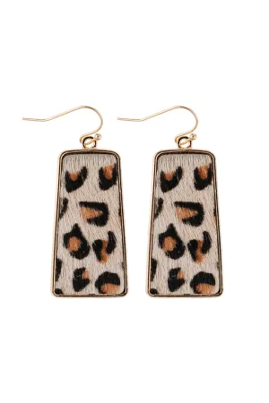 LEOPARD PRINTED LEATHER BAR DANGLING FISH HOOK EARRINGS