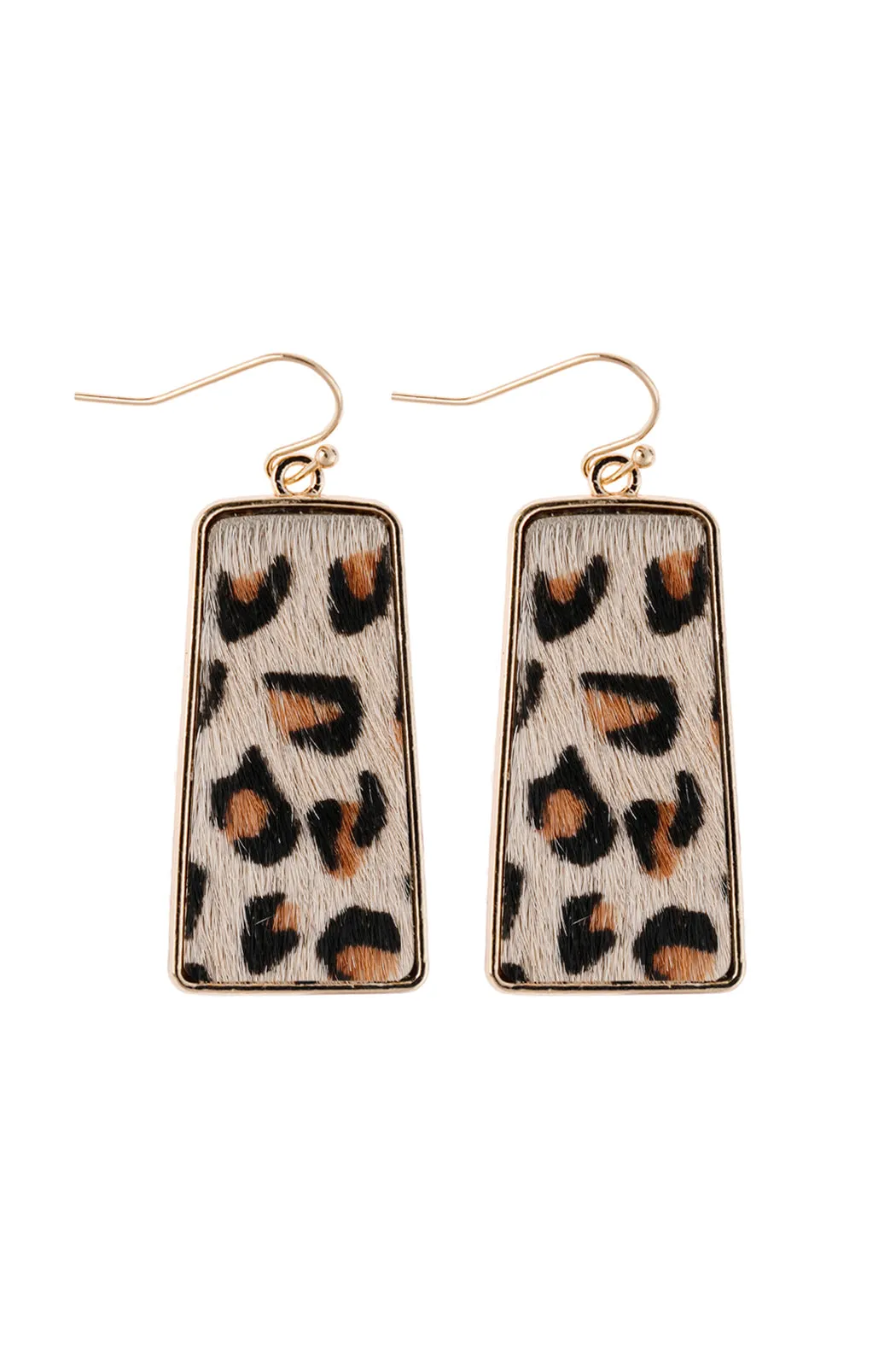 LEOPARD PRINTED LEATHER BAR DANGLING FISH HOOK EARRINGS