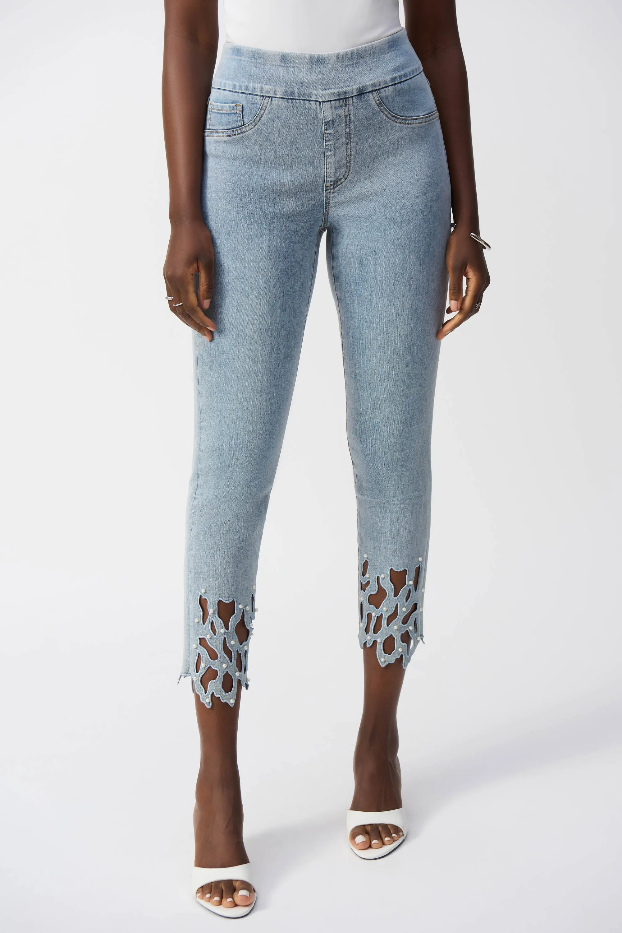Light Blue Cutout Pearl Hem Slim Fit Crop Jeans