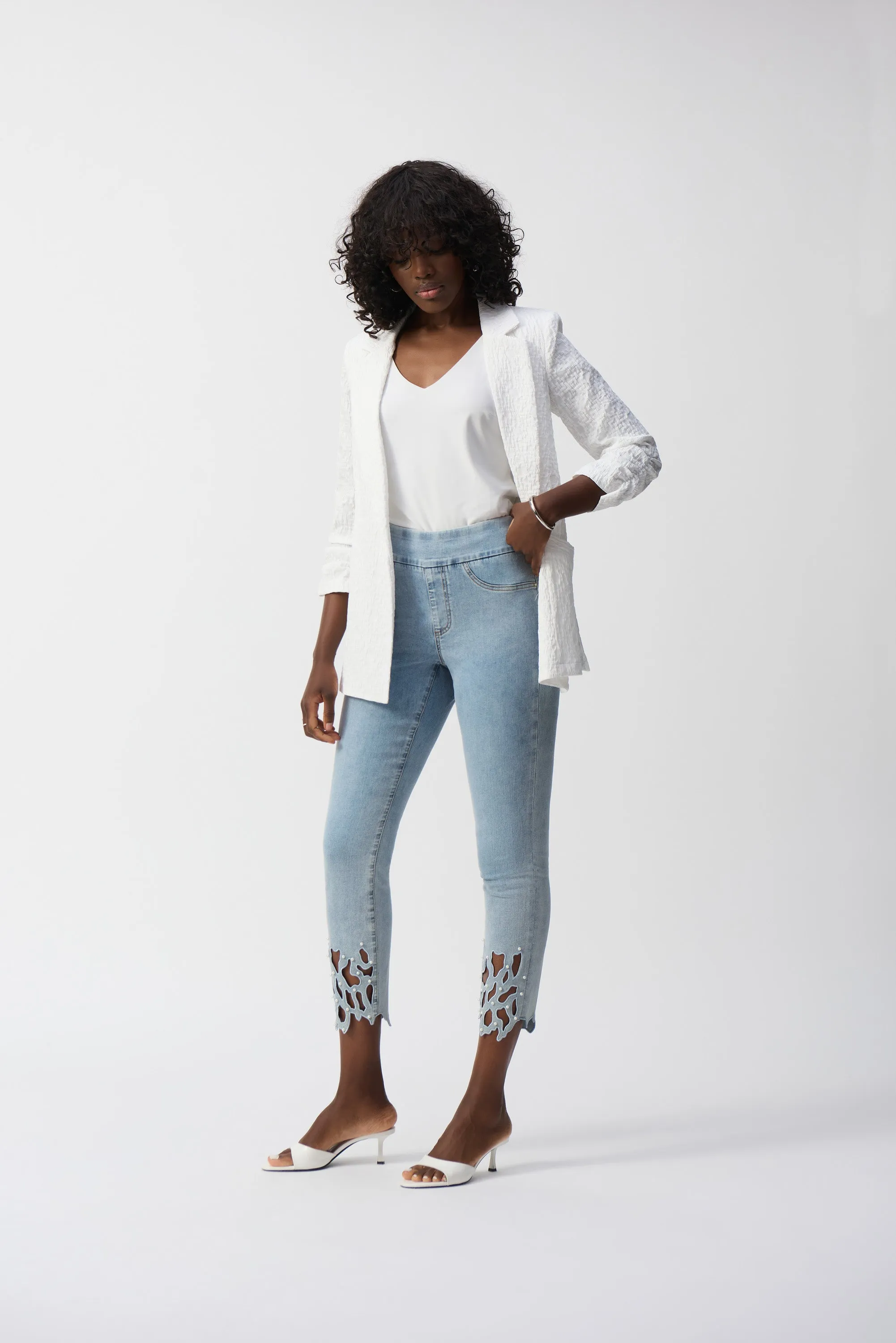 Light Blue Cutout Pearl Hem Slim Fit Crop Jeans