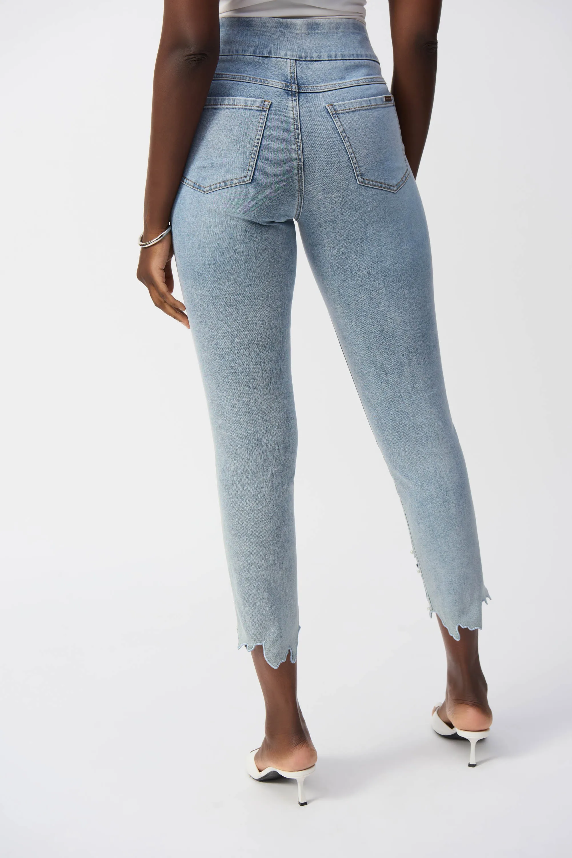 Light Blue Cutout Pearl Hem Slim Fit Crop Jeans