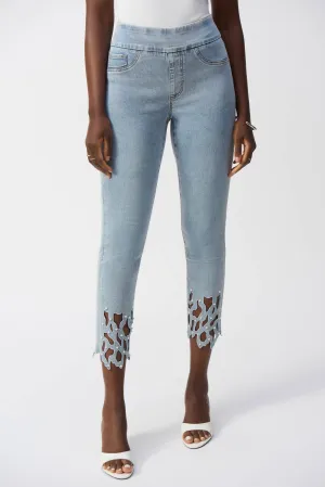 Light Blue Cutout Pearl Hem Slim Fit Crop Jeans