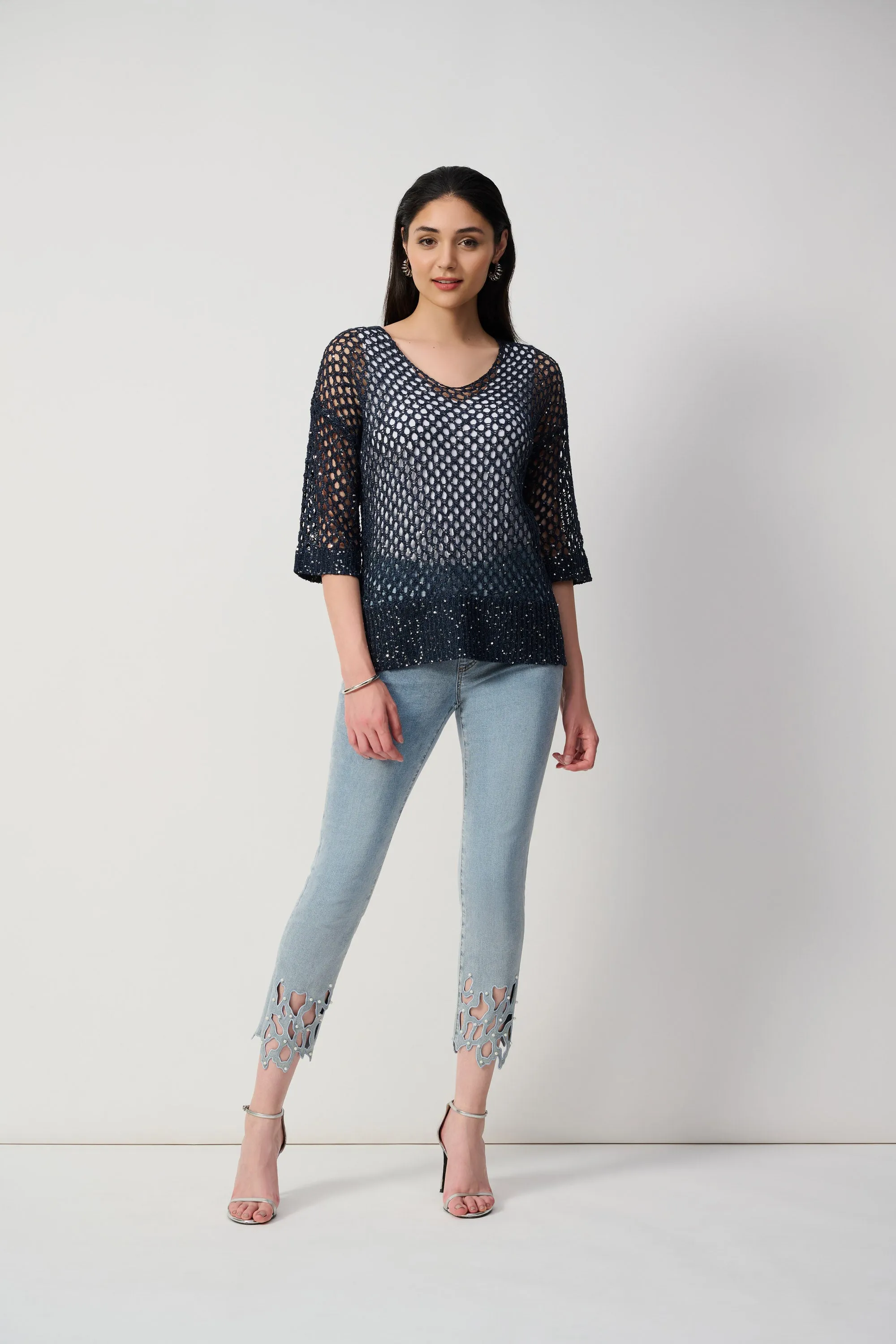 Light Blue Cutout Pearl Hem Slim Fit Crop Jeans