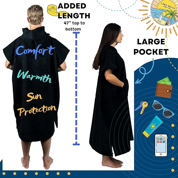 Long Beach SURF CO Surf Poncho Men | Surf Poncho Women | Wetsuit Changing Poncho Towel Hoodie with Pocket | Changing Towel | Hooded Beach Towel Poncho | Quick Dry Towel | Surfing Accessories