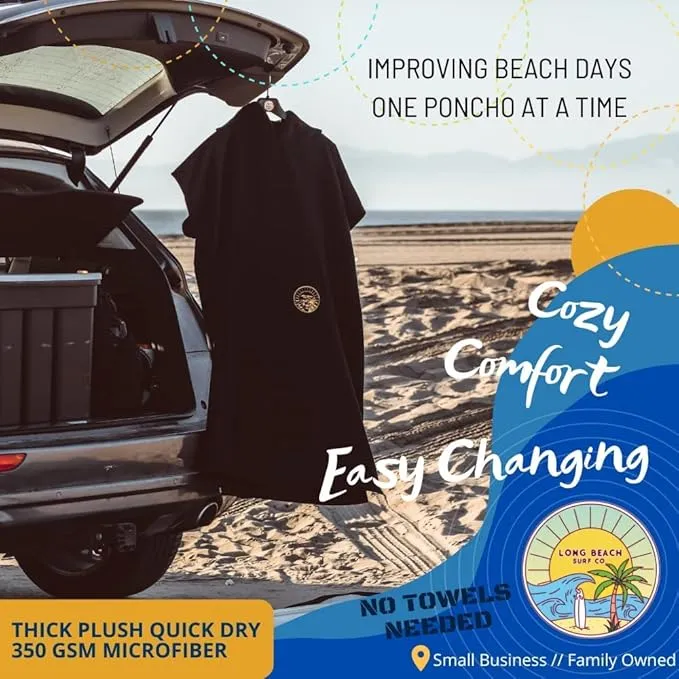 Long Beach SURF CO Surf Poncho Men | Surf Poncho Women | Wetsuit Changing Poncho Towel Hoodie with Pocket | Changing Towel | Hooded Beach Towel Poncho | Quick Dry Towel | Surfing Accessories
