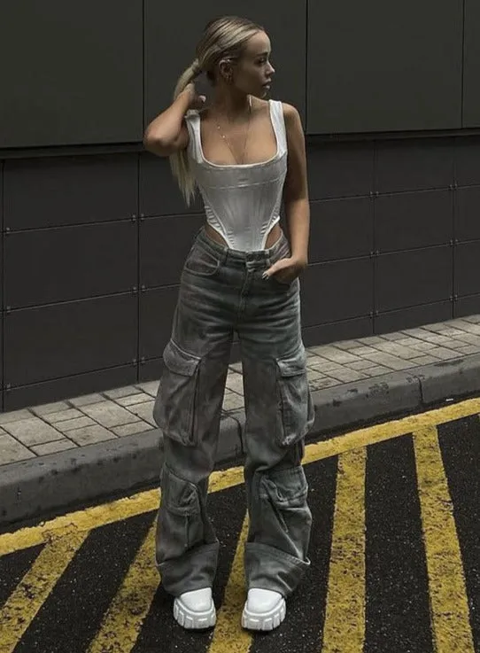 Low-waisted retro denim pocket pants